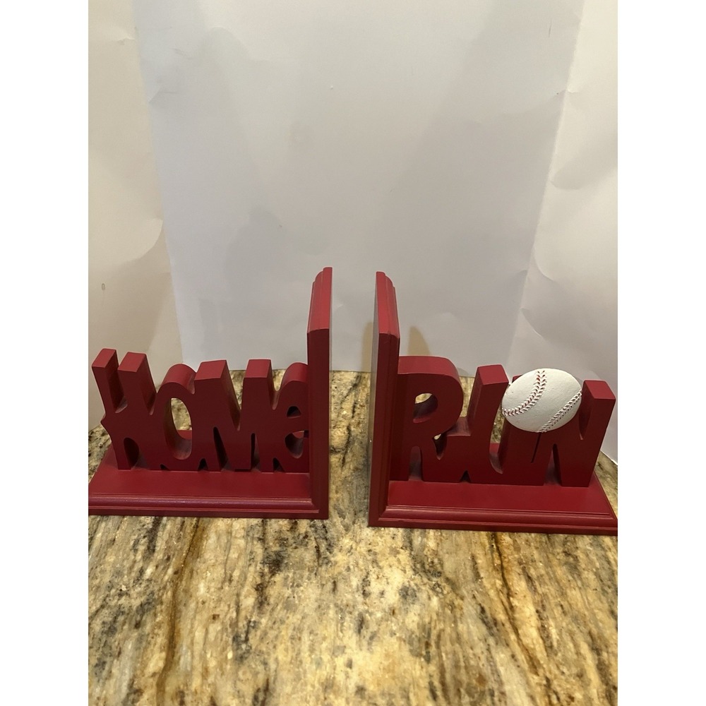 Baseball Themed Sports Homerun Wooden Red Bookends Real Wood 8 Inches Long